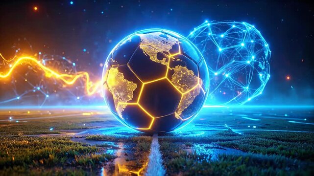 Futuristic Digital Globe with Neon Network and Lightning Effects.
