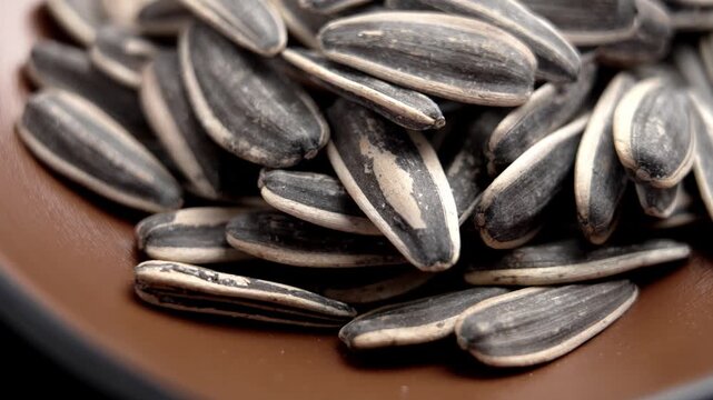 Close up of sunflower seeds in brown bowl with natural striped shells and dry rough surface texture. Rotation