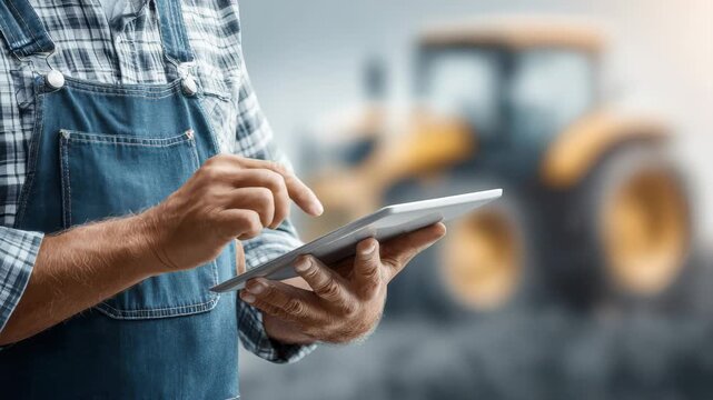 Farmer in denim overalls using tablet near blurred tractor on field 60 FPS