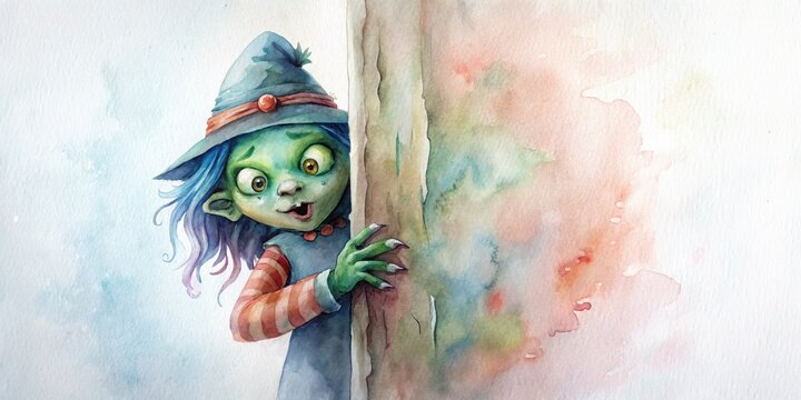 Halloween witch illustration with watercolor monster for spooky holiday decor