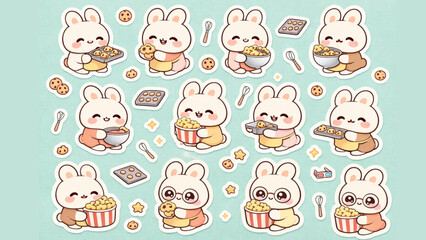 Fototapeta premium Adorable cartoon bunnies joyfully engaged in baking delicious cookies and happily munching on buttery popcorn, depicted in a charming sticker-like illustration