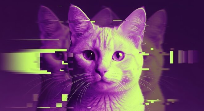 Futuristic cat with digital glitch effect in neon purple and green