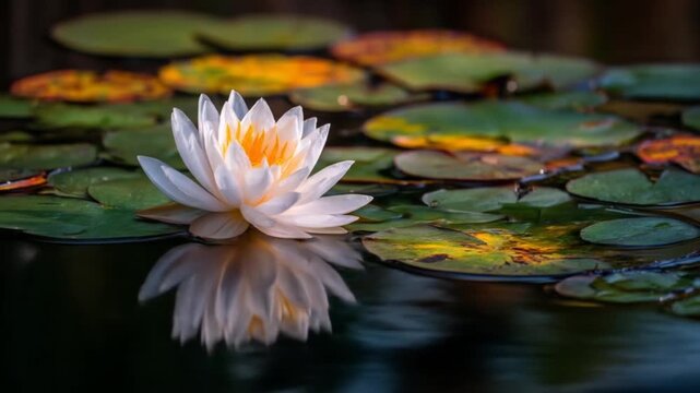 White water lily floating on calm water surrounded by green pads