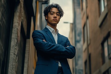 Fototapeta premium Confident young asian businessman stands with arms crossed in a stylish dark blue suit in a narrow urban alleyway.