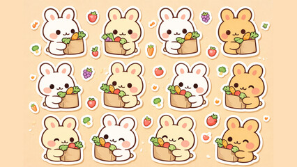 Obraz premium Adorable Kawaii Bunny Characters Holding Shopping Bags Filled with Fresh Produce and Fruits
