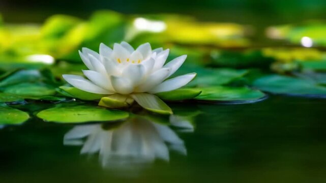 White water lily flower floating on calm water surface