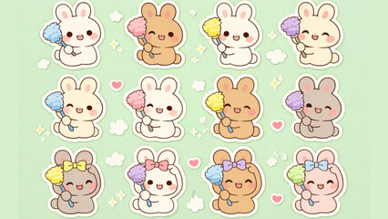 Obraz premium Adorable Pastel Bunny Characters Holding Sweet Cotton Candy Delights - Charming Animal Illustrations for Children's Designs and Festive Occasions