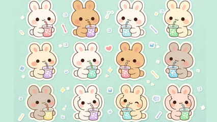 Obraz premium Adorable kawaii bunnies enjoying refreshing drinks, perfect for stickers and cute illustrations