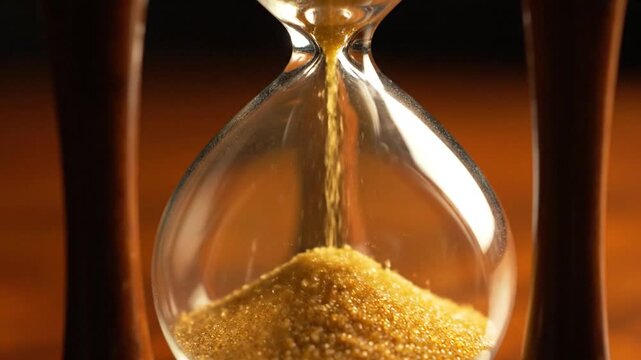 Close-up of a vintage hourglass with fine sand cascading through the glass, marking the relentless passage of time.