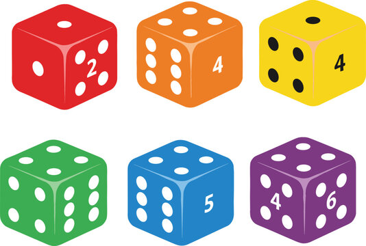 Colorful dice set with numbered cubes for board games and learning, playful gaming elements collection vector illustration