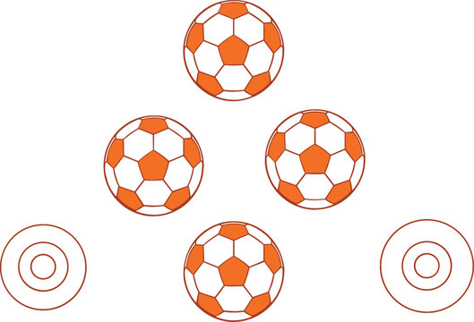 Soccer ball icons set with orange football designs and target symbols, sports elements collection for game and training vector illustration