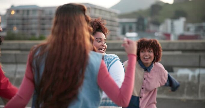 Dancing, energy and friends on bridge in city with hip hop routine practicing for flash mob. Happy, freedom and dancers with freestyle, groove or choreography in street with rhythm in urban town.