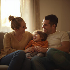 Obraz premium Happy Family at Home with Warm Sunlight, Lifestyle Photo