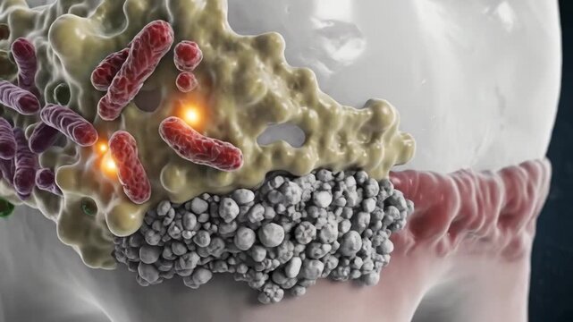 Dental plaque bacteria form a dense microbial biofilm matrix on a tooth enamel surface, revealing a complex community of cocci and bacilli embedded in polymeric polysaccharide substance.
