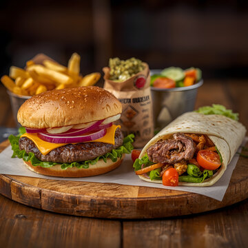 Cheeseburger, Wrap, French Fries, and Salad Meal