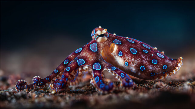 A striking blue-ringed octopus displaying vivid warning patterns in a tropical reef, highlighting one of the ocean&rsquo;s most venomous and fascinating marine creatures.