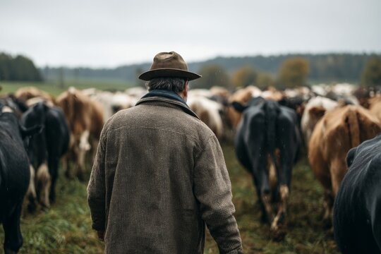 Farmer Walks Through a Herd of Cows in a Pasture During Livestock Check on a Cloudy Day