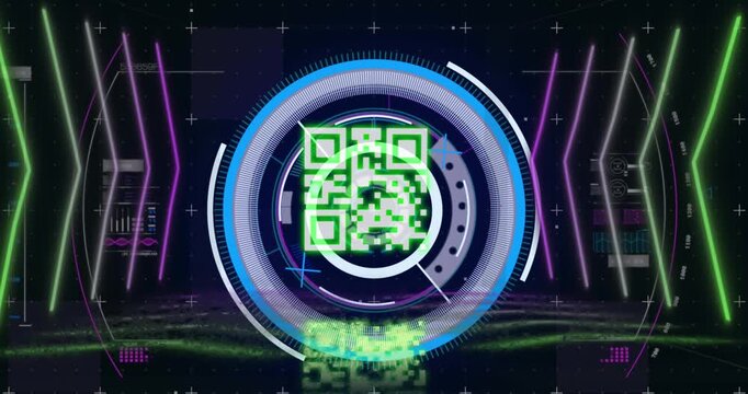 Animation of qr code over scope scanning and data processing on black background