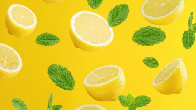 Lemon halves and mint leaves floating across bright yellow background seamless loop 60 FPS