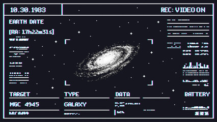 Pixel art galaxy view on digital camera screen display. Retro science fiction space interface with data telemetry and radar tracking. Vintage game UI cosmic exploration monitor layout. © hiten666