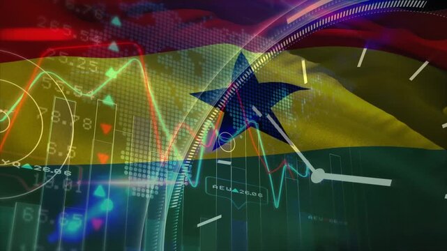 Animation of financial data processing and clock over flag of ghana
