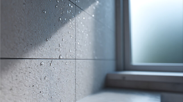 Abstract close-up of water drops on a textured gray wall or tile surface, bathed in soft window light, suggesting freshness and clean design