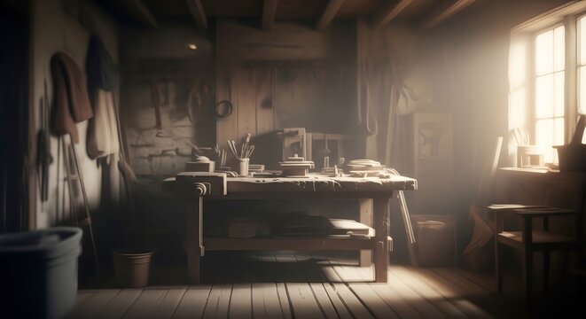 old workshop with wooden workbench inside.