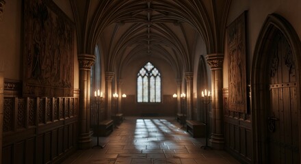 Obraz premium Dark cathedral hallway with arched windows.