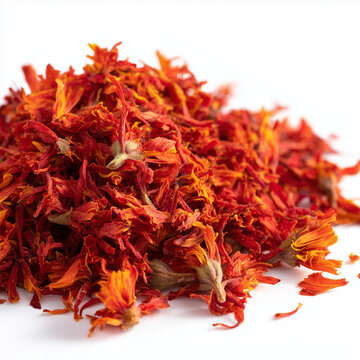 dried safflower petals on white background