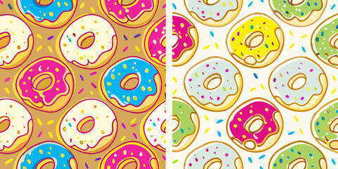 Fototapeta premium Colorful donut pattern with various frostings and sprinkles displayed