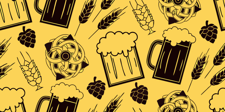 Seamless pattern of beer mugs hops and wheat against a yellow background
