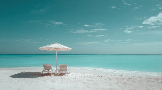 Tropical Beach Setting With Sun Loungers Under Umbrella and Turquoise Water in Bright Sunlight During a Clear Day