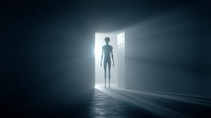 Obraz premium Mysterious grey alien silhouette standing in glowing open doorway, eerie backlit scene with sci fi atmosphere, unknown visitor concept, surreal cinematic mood.
