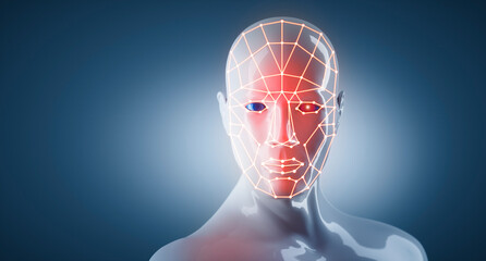 Humanoid Robot head - Face recognition biometric ID - Face scan vector digital security technology