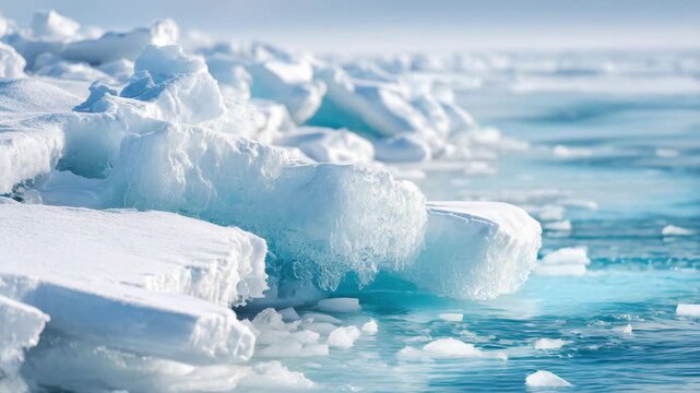 Close up sea ice slabs and turquoise water with drifting fragments in polar cold 60 FPS