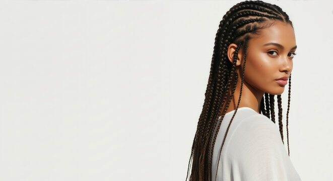Young black woman with long cornrow braids looking over her shoulder. African hairstyle and beauty concept. Portrait on a white wall with room for text