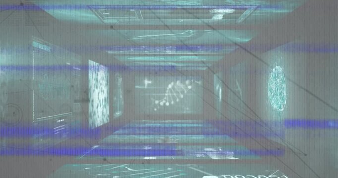 Animation of glitch effect over screens with medical data processing against black background