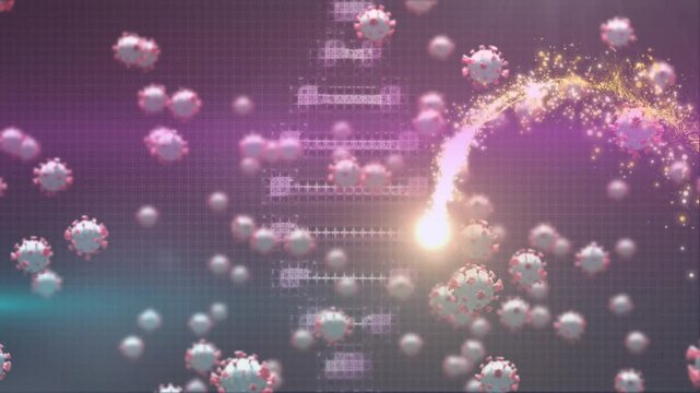 Animation of white blood cells and flying over lens flare wit rotating dna helix