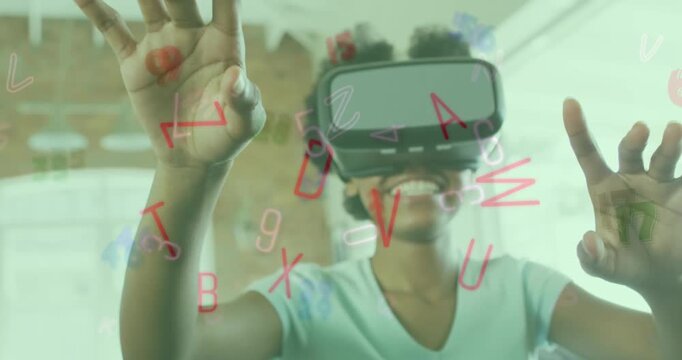 Animation of letters and numbers falling over african american woman wearing vr headset
