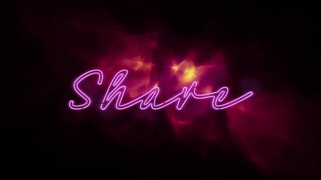 Animation of share text over glowing flames on black background