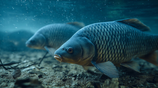Underwater view of carp fish swimming near riverbed. Freshwater wildlife scene with clear water, natural habitat, and calm aquatic environment.