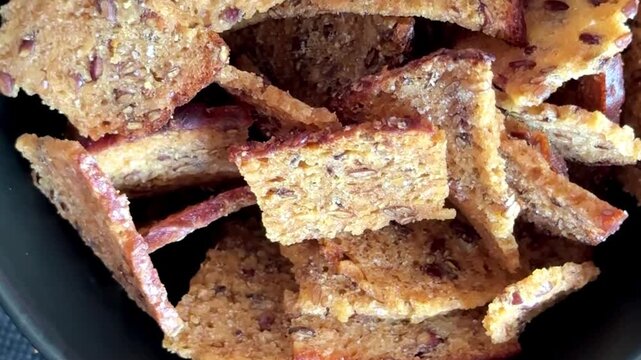 Crouton spices flax seeds croutons crisps rye bread chips tasty snack fresh gourmet food background on the table rustic food top view copy space