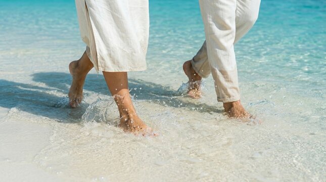 Two people, man and woman, are walking barefoot on sandy beach in shallow turquoise water, creating ripples, relaxation, summer vacation, beach life, tranquility