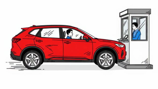 Whiteboard animation of car stopping at border checkpoint booth, driver approaching inspector for document check, vehicle arrival at control point and start of border inspection process