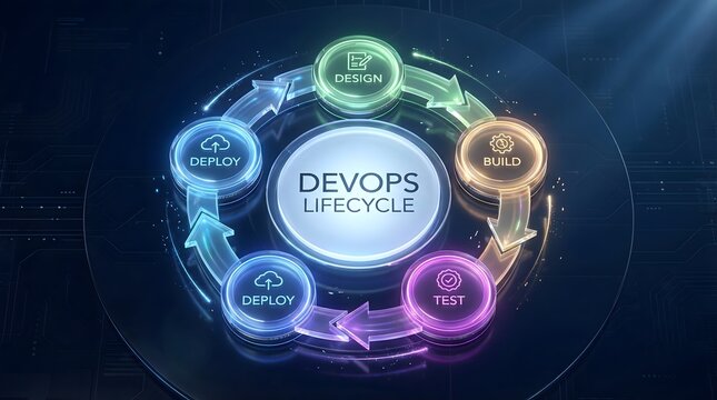 Glowing 3D DevOps Lifecycle Diagram with Circular Stages