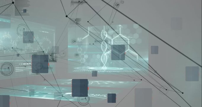 Animation of network of connections with data processing and shapes over grey background
