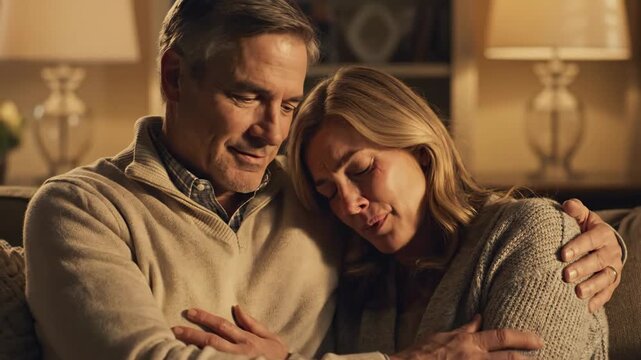 A husband embraces his wife's shoulder in a comforting gesture that embodies mutual support, compassion, and the power of shared human connection.