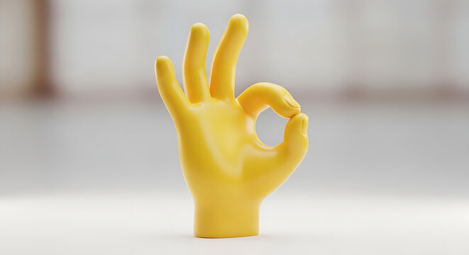 A bright yellow stylized three-dimensional hand model makes the universal "OK" gesture, indicating approval or excellence.