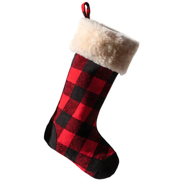 Traditional christmas stocking featuring a classic red and black buffalo plaid check fabric design