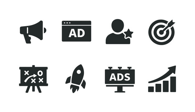 Marketing and advertising icon set with megaphone, ad window, influencer, target, strategy board, rocket launch, desktop ads, and growth chart